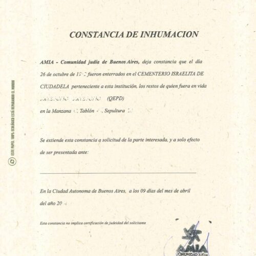 Certificate of burial
